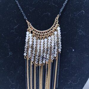 Gold tone grey Crystal Bead Fringe Necklace Paparazzi Black Tone chain